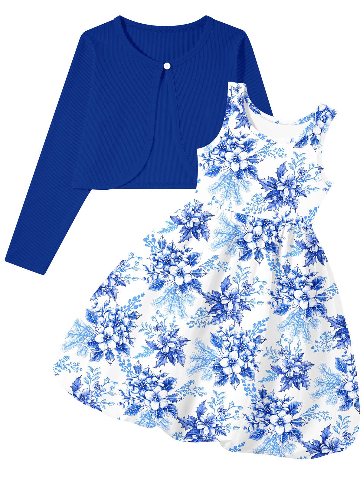 Lanbubble Girls 2 Piece Dress Set Sleeveless Bubble Dress with Cardigan & Side Pockets for Party Daily Wear Size 5-12Y