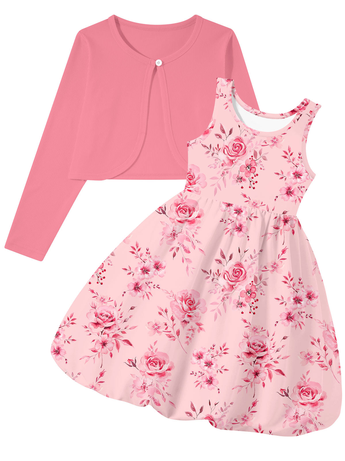Lanbubble Girls 2 Piece Dress Set Sleeveless Bubble Dress with Cardigan & Side Pockets for Party Daily Wear Size 5-12Y