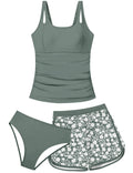 Lanbubble Girls Tankini Swimsuits for Teens 3 Piece Padded Bathing Suit with Print Shorts Square Collar Girls' Swimwear Set 11-16Y