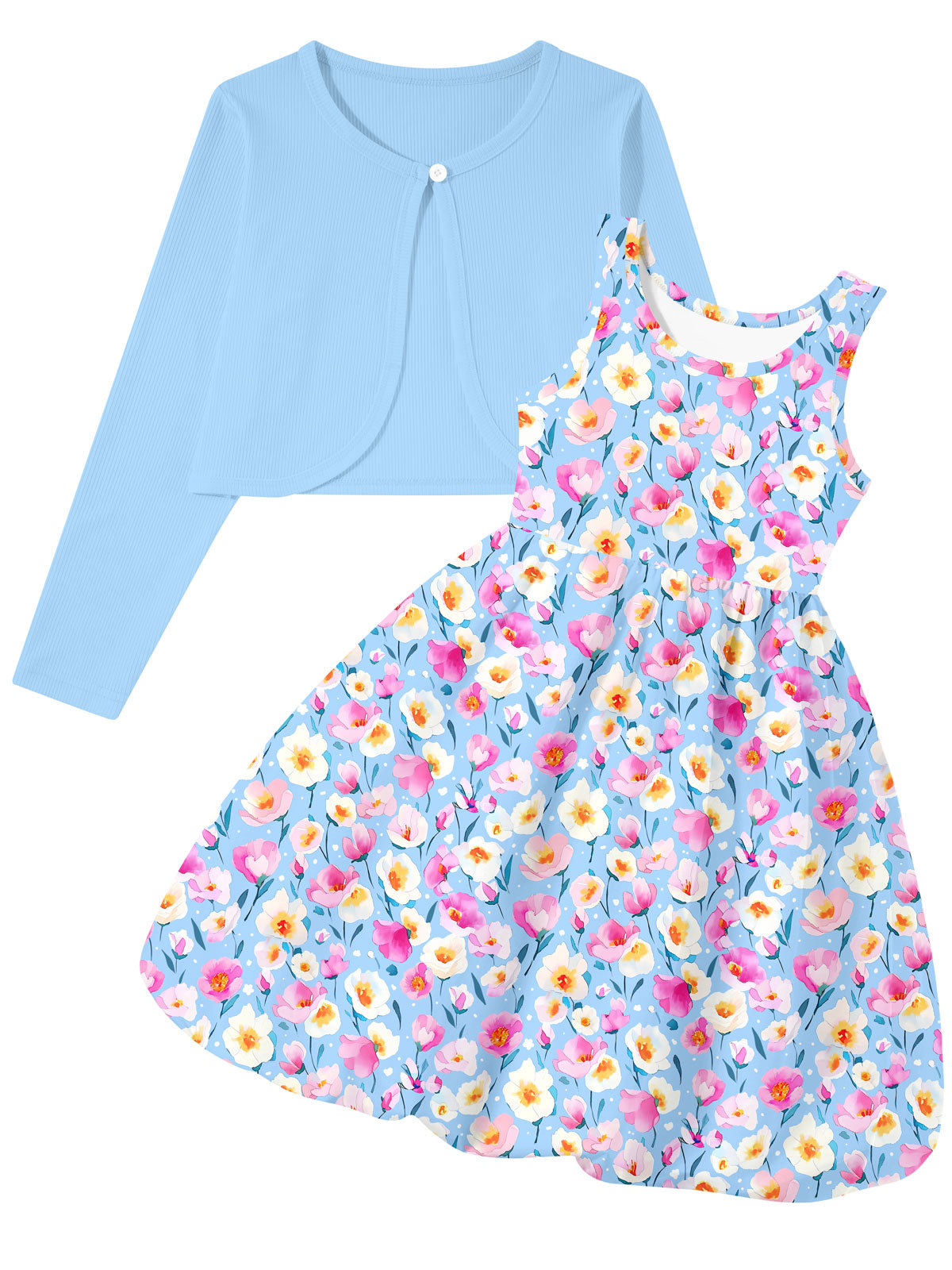 Lanbubble Girls 2 Piece Dress Set Sleeveless Bubble Dress with Cardigan & Side Pockets for Party Daily Wear Size 5-12Y