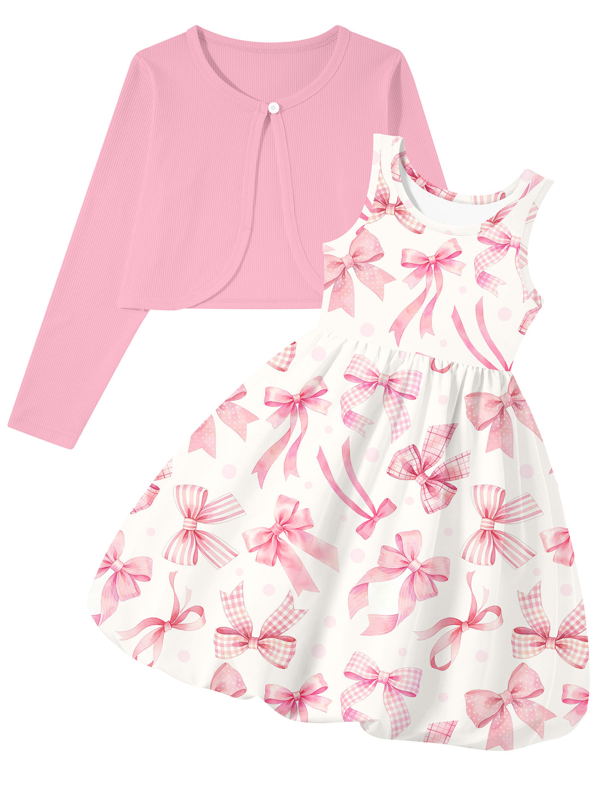 Lanbubble Girls 2 Piece Dress Set Sleeveless Bubble Dress with Cardigan & Side Pockets for Party Daily Wear Size 5-12Y