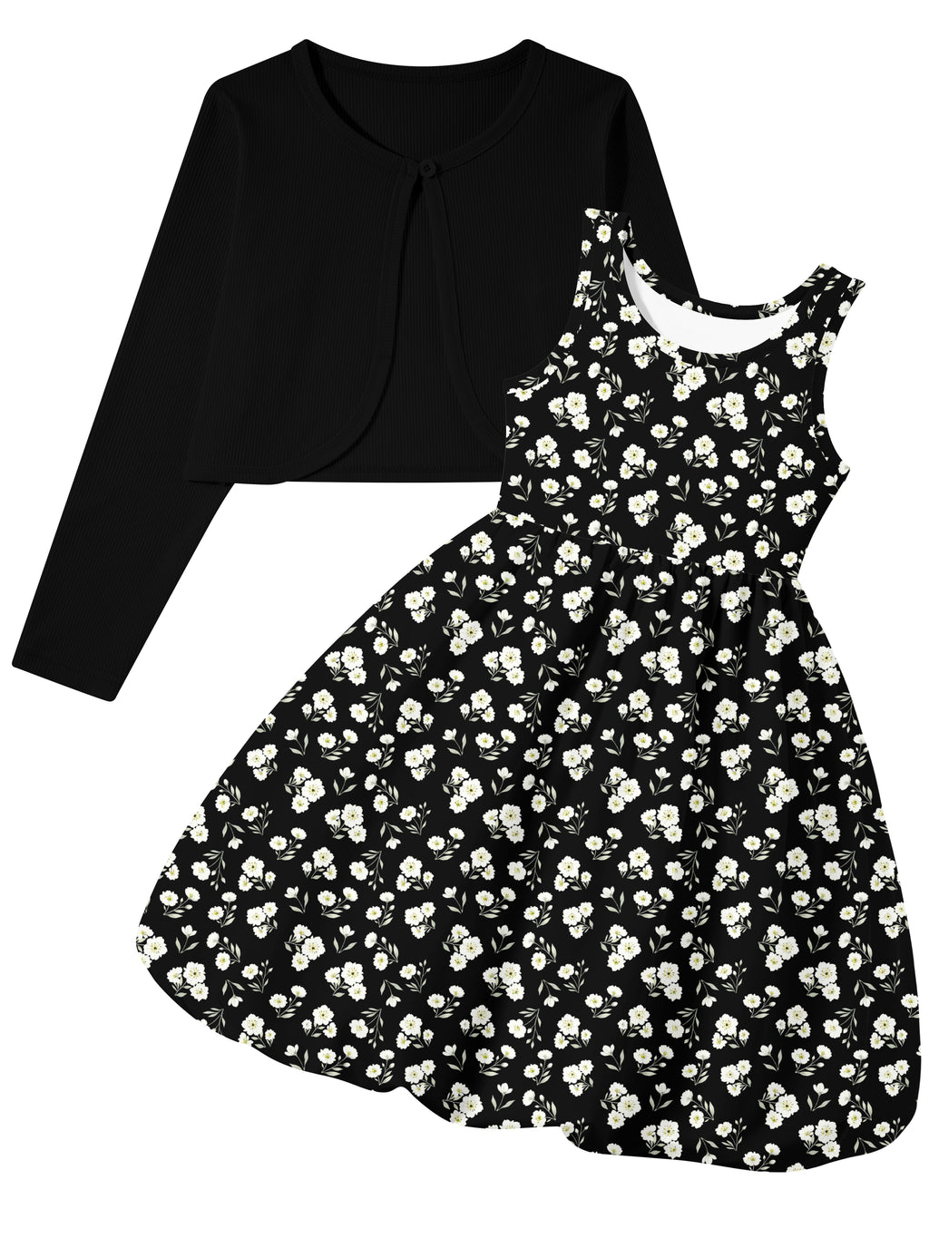 Lanbubble Girls 2 Piece Dress Set Sleeveless Bubble Dress with Cardigan & Side Pockets for Party Daily Wear Size 5-12Y