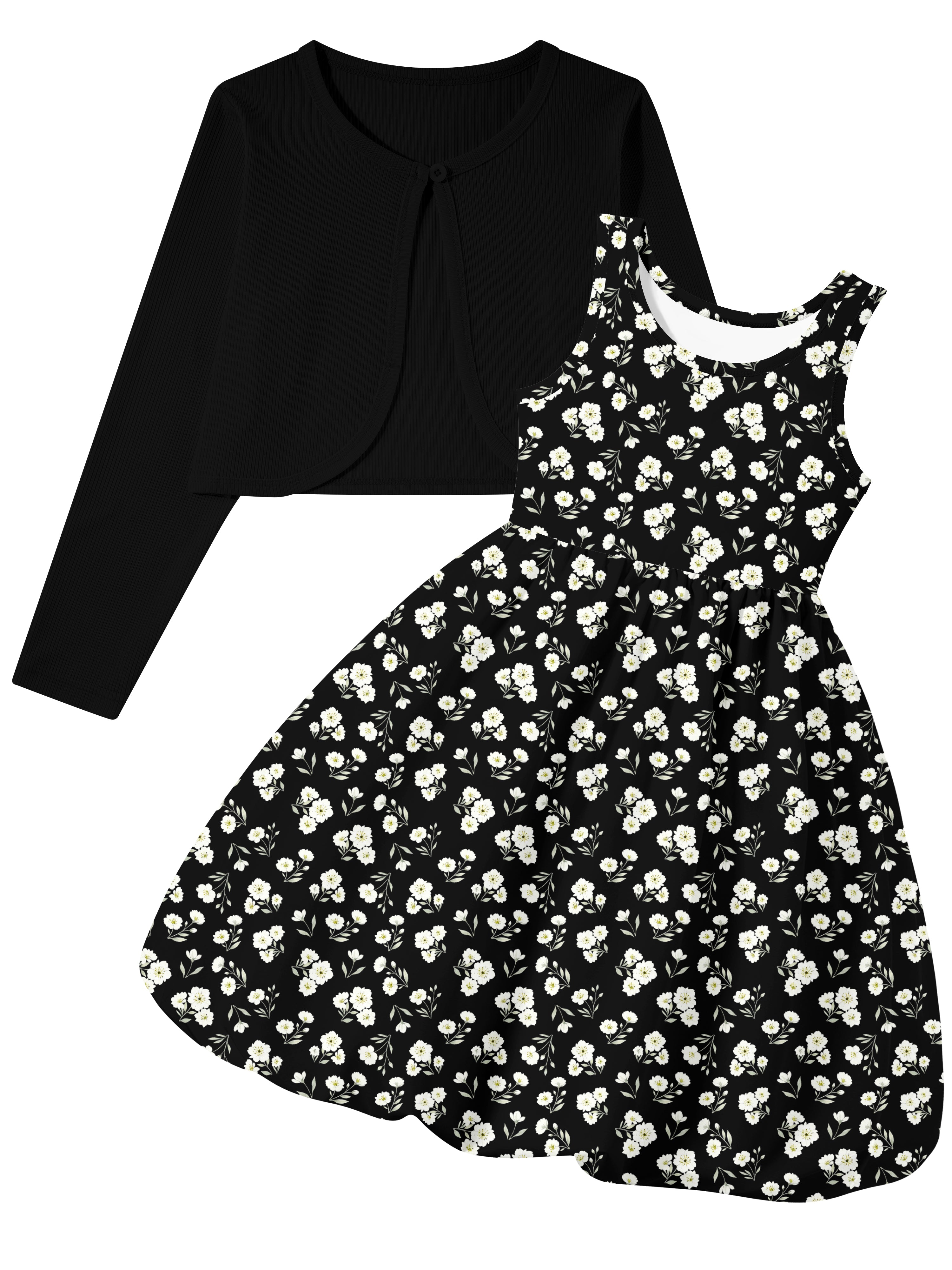 Lanbubble Girls 2 Piece Dress Set Sleeveless Bubble Dress with Cardigan & Side Pockets for Party Daily Wear Size 5-12Y