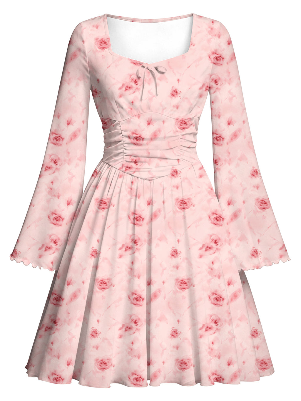 Lanbubble Girls Long Sleeve Floral Dress Square Neck Bell Sleeve 7-14Y