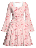 Lanbubble Girls Long Sleeve Floral Dress Square Neck Bell Sleeve 7-14Y