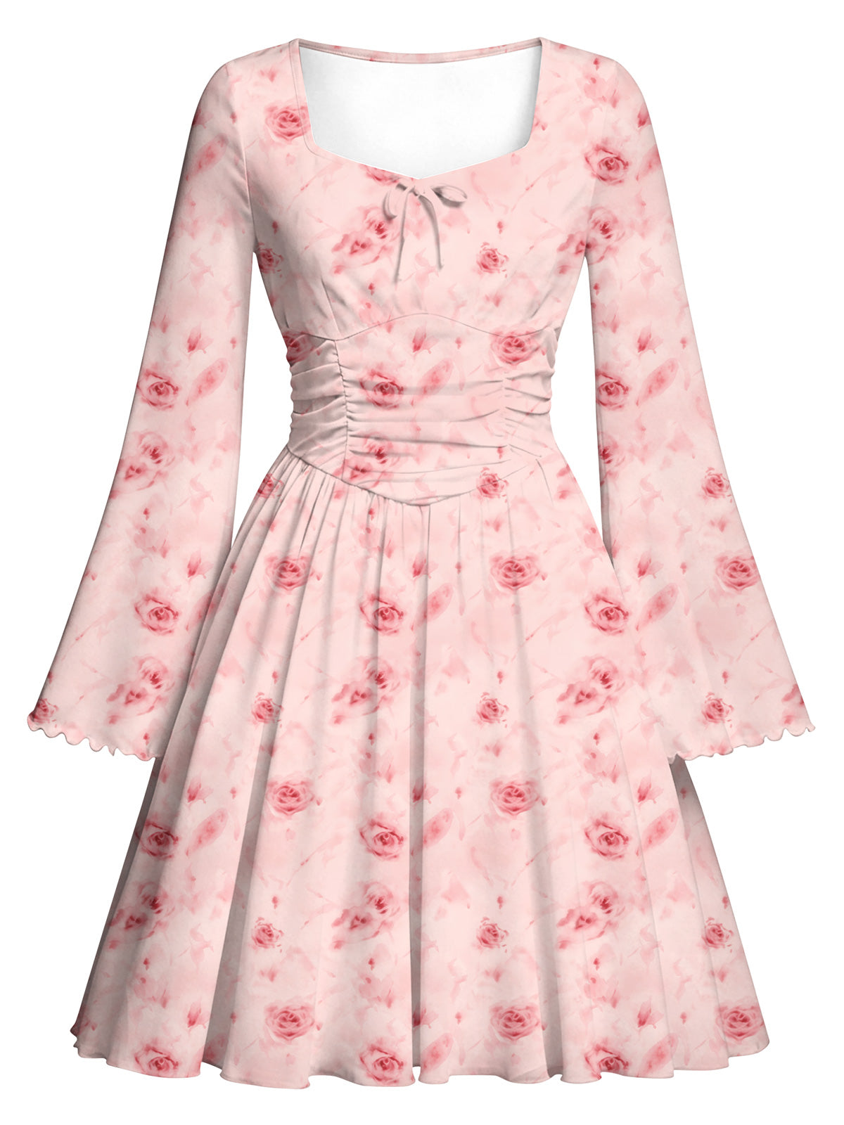 Lanbubble Girls Long Sleeve Floral Dress Square Neck Bell Sleeve 7-14Y