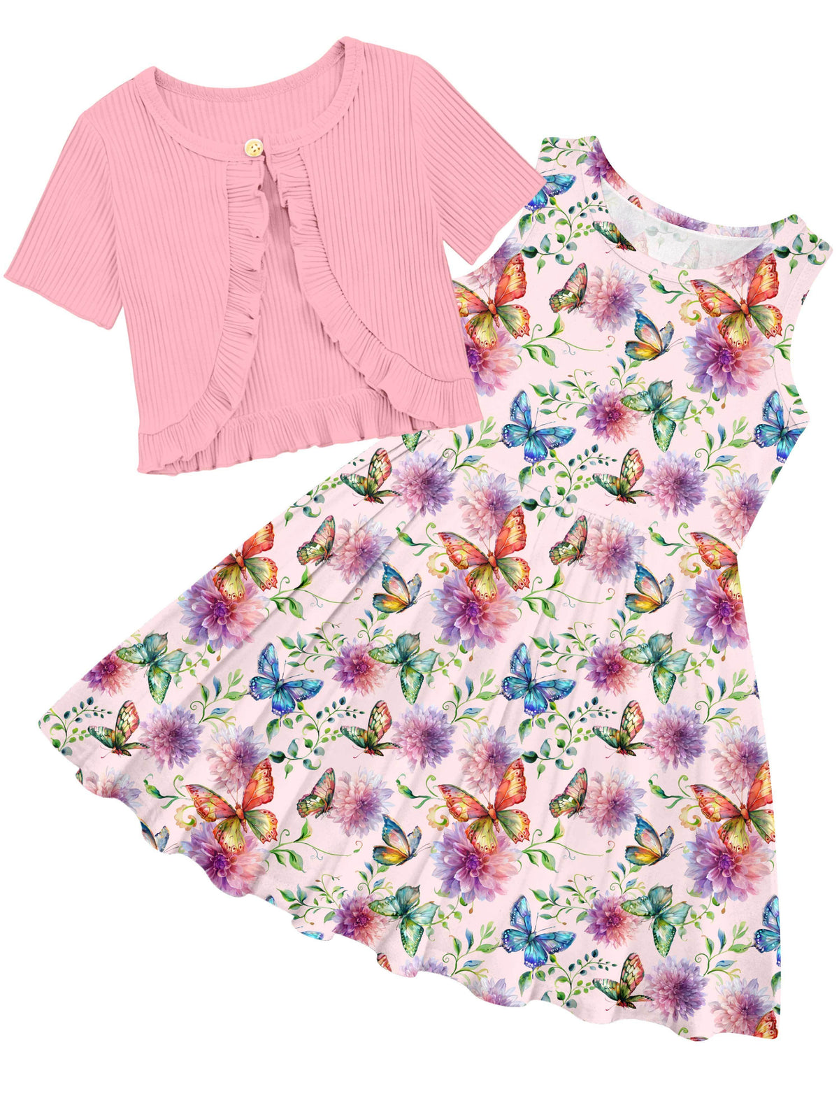 Lanbubble Girls Dresses Sleeveless Summer Dress with Cardigan for Kids Casual, 5-12 Years