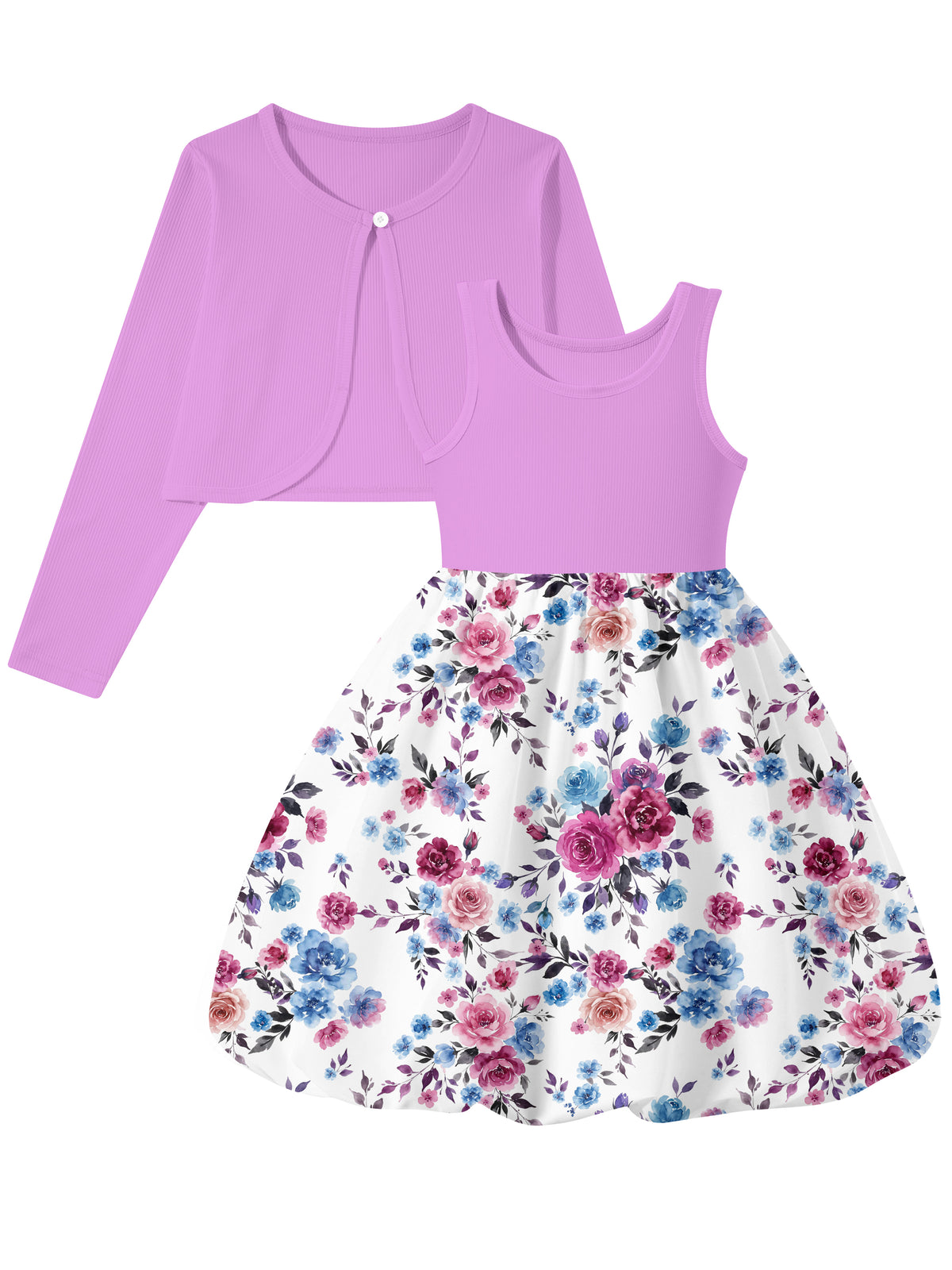 Lanbubble Girls 2 Piece Dress Set Sleeveless Bubble Dress with Cardigan & Side Pockets for Party Daily Wear Size 5-12Y