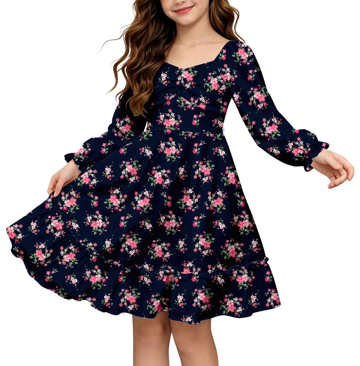 Lanbubble Girls Fall Dress Long Sleeve Floral Tiered Casual Flowy Dresses Square Neck A Line 7-14Y