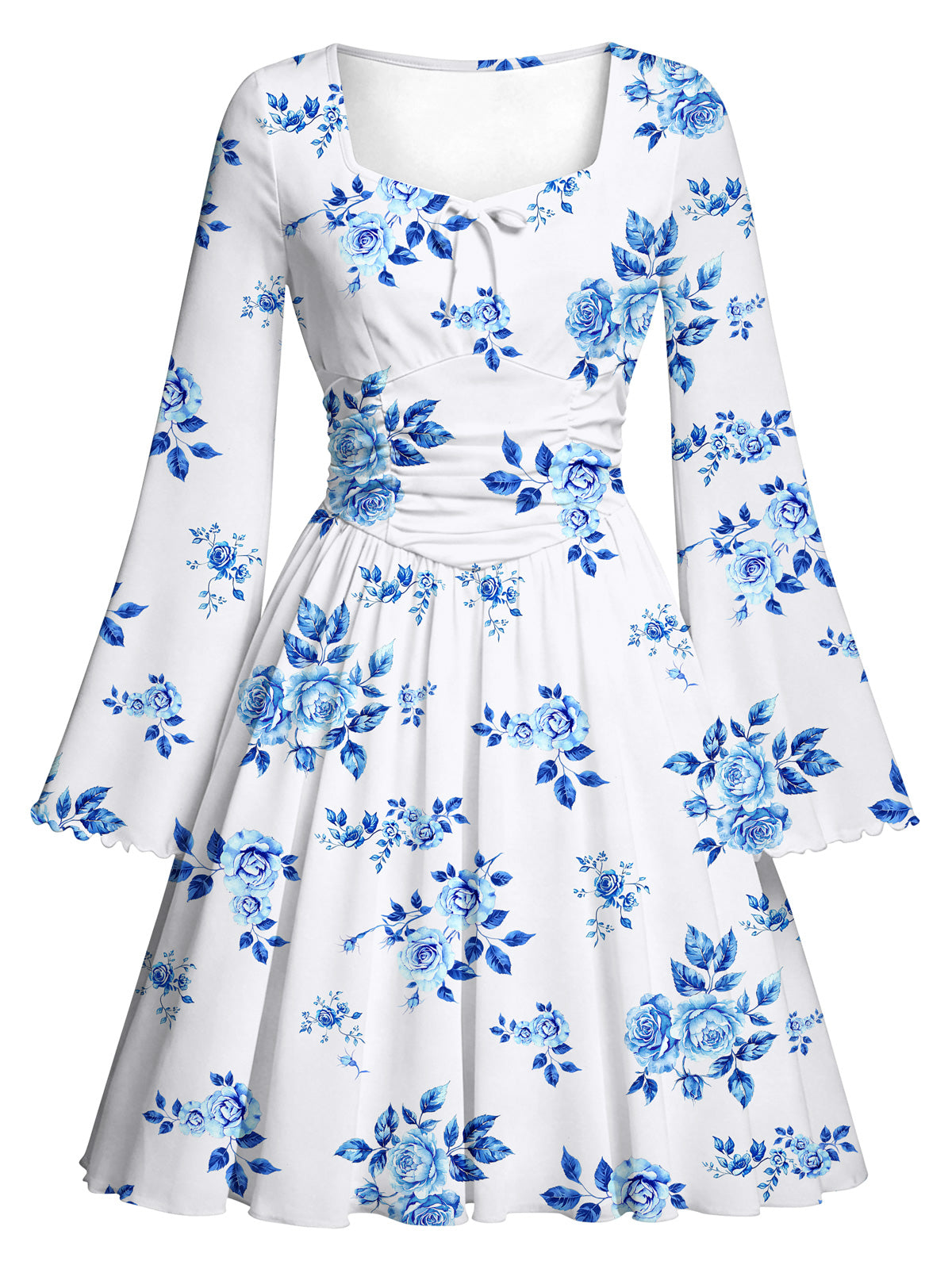 Lanbubble Girls Long Sleeve Floral Dress Square Neck Bell Sleeve 7-14Y