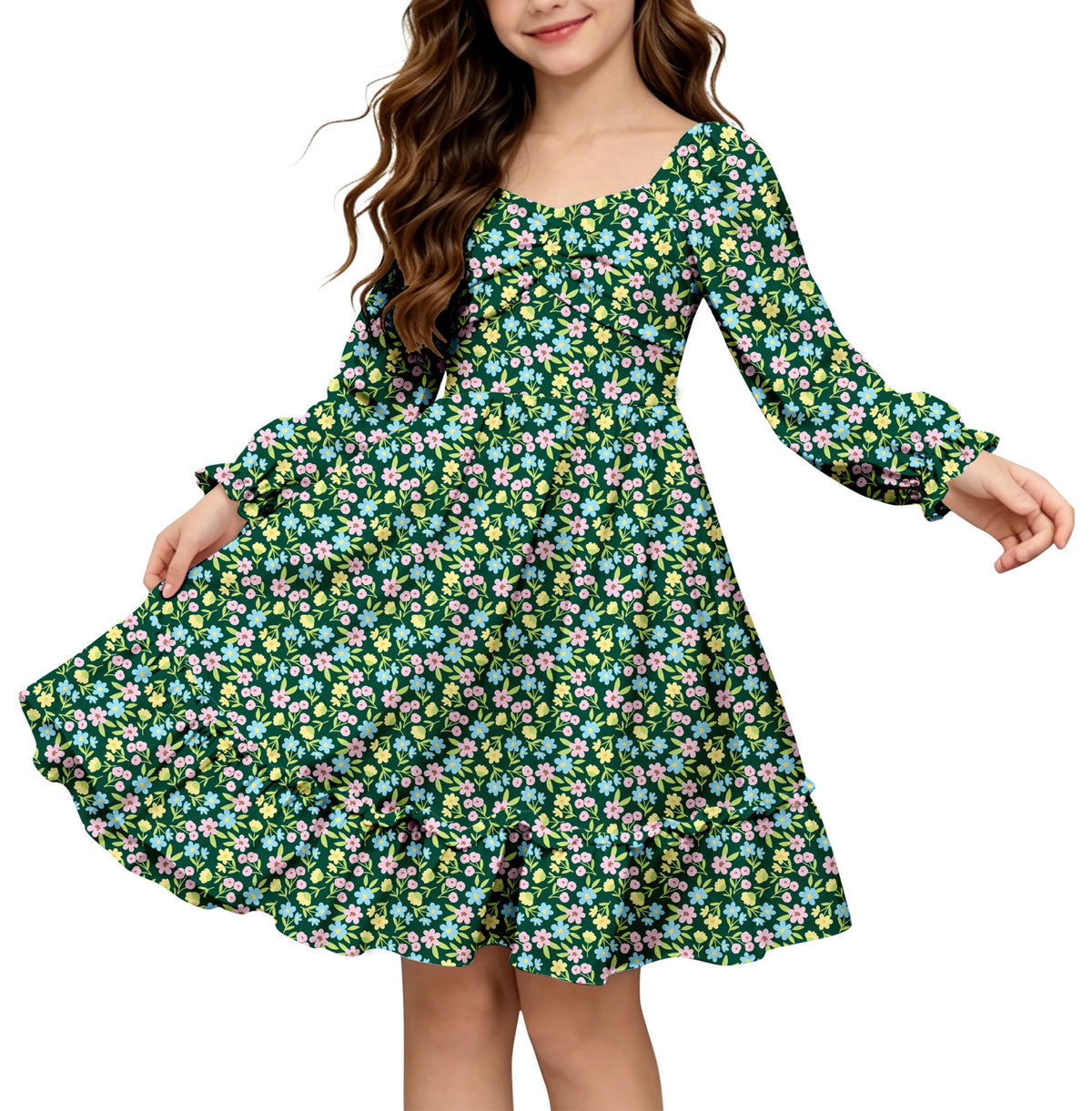 Lanbubble Girls Fall Dress Long Sleeve Floral Tiered Casual Flowy Dresses Square Neck A Line 7-14Y