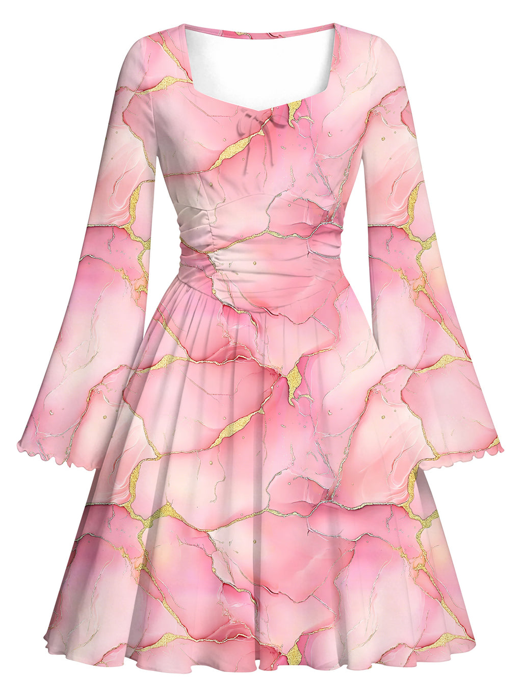 Lanbubble Girls Long Sleeve Floral Dress Square Neck Bell Sleeve 7-14Y