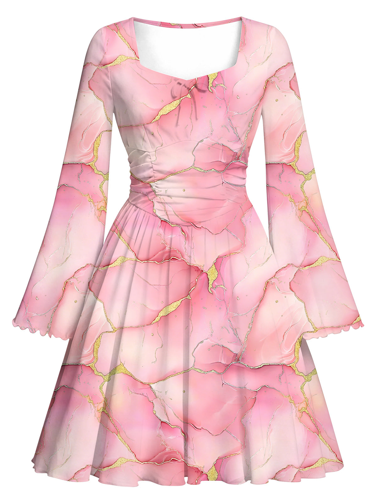 Lanbubble Girls Long Sleeve Floral Dress Square Neck Bell Sleeve 7-14Y