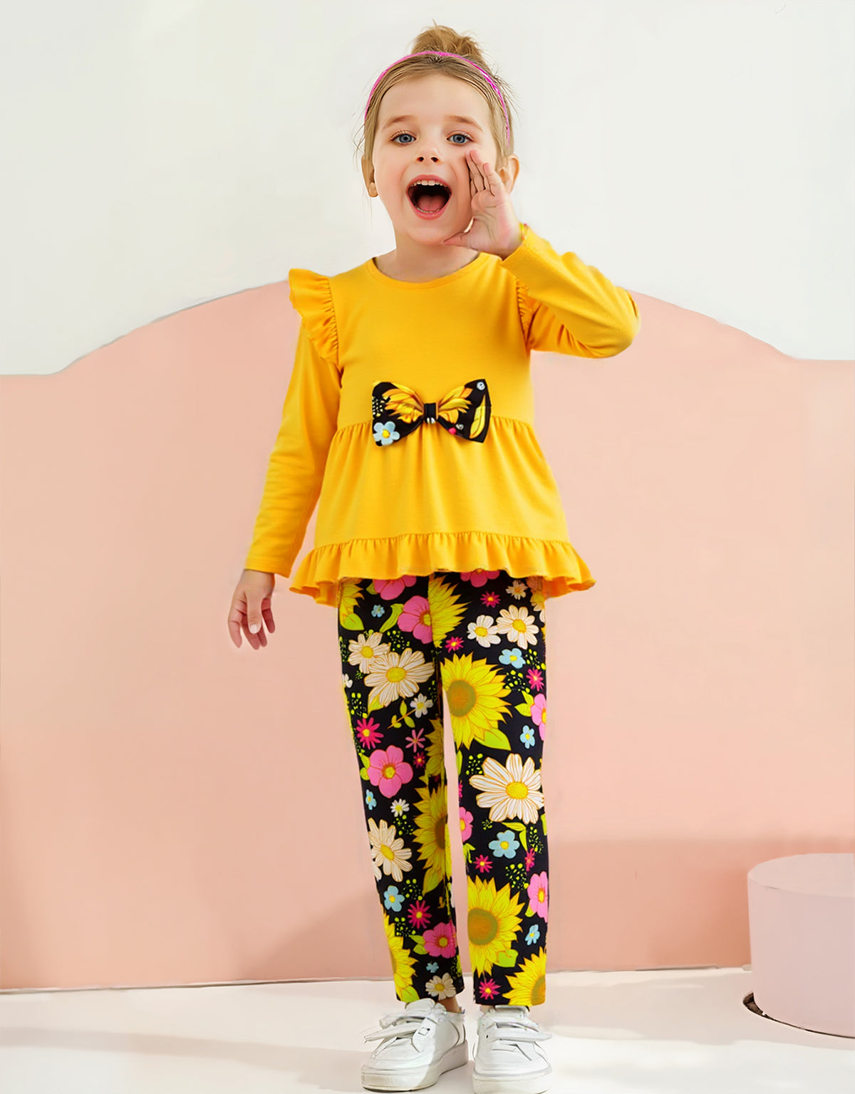 Lanbubble 1-5Y Toddler Girl 2-Piece Outfits Set Long Sleeve Ruffle Hem Top Floral Pants Fall Winter Kids Girl Clothes