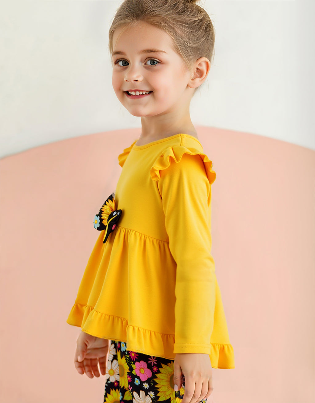 Lanbubble 1-5Y Toddler Girl 2-Piece Outfits Set Long Sleeve Ruffle Hem Top Floral Pants Fall Winter Kids Girl Clothes