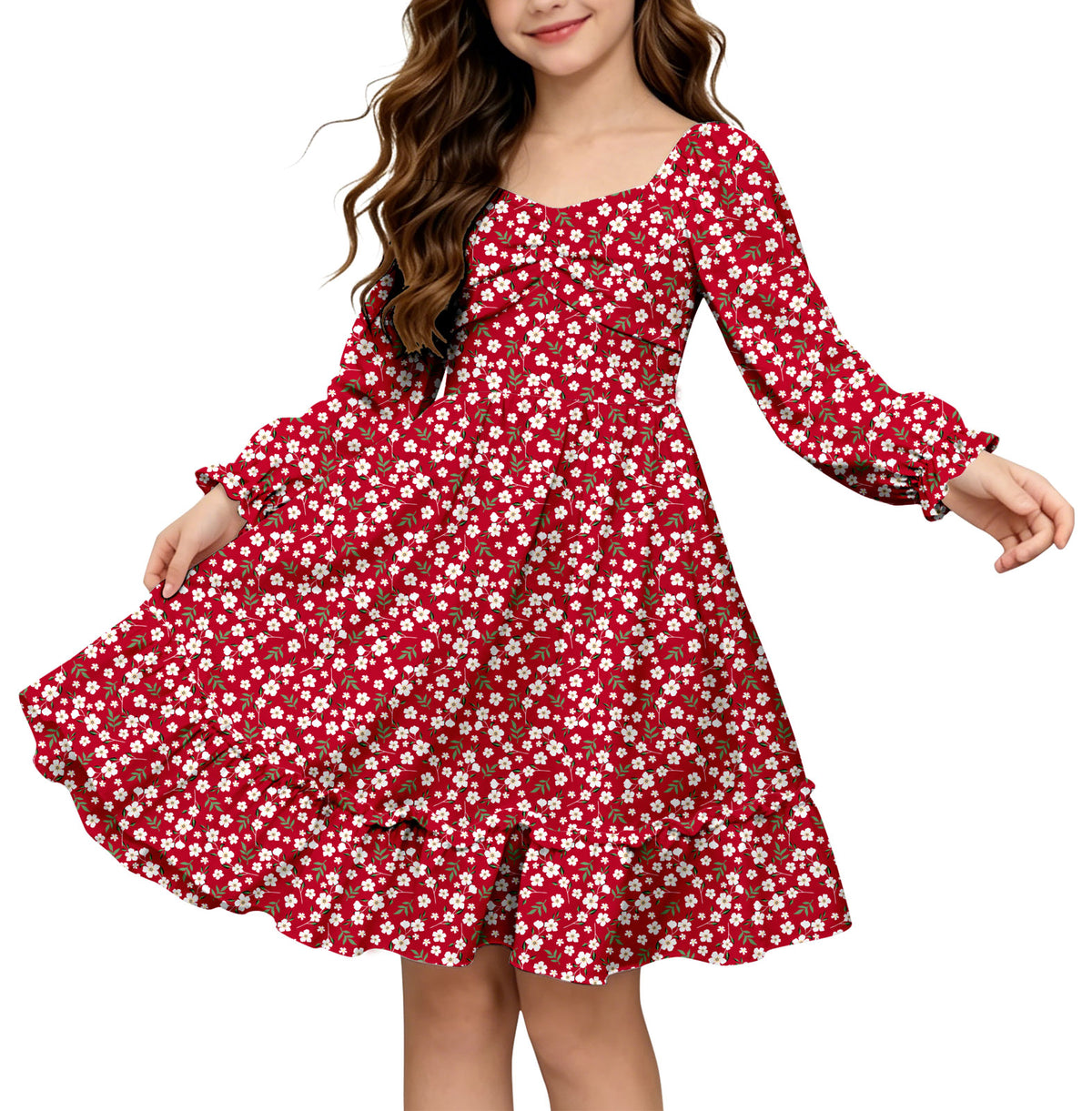 Lanbubble Girls Fall Dress Long Sleeve Floral Tiered Casual Flowy Dresses Square Neck A Line 7-14Y