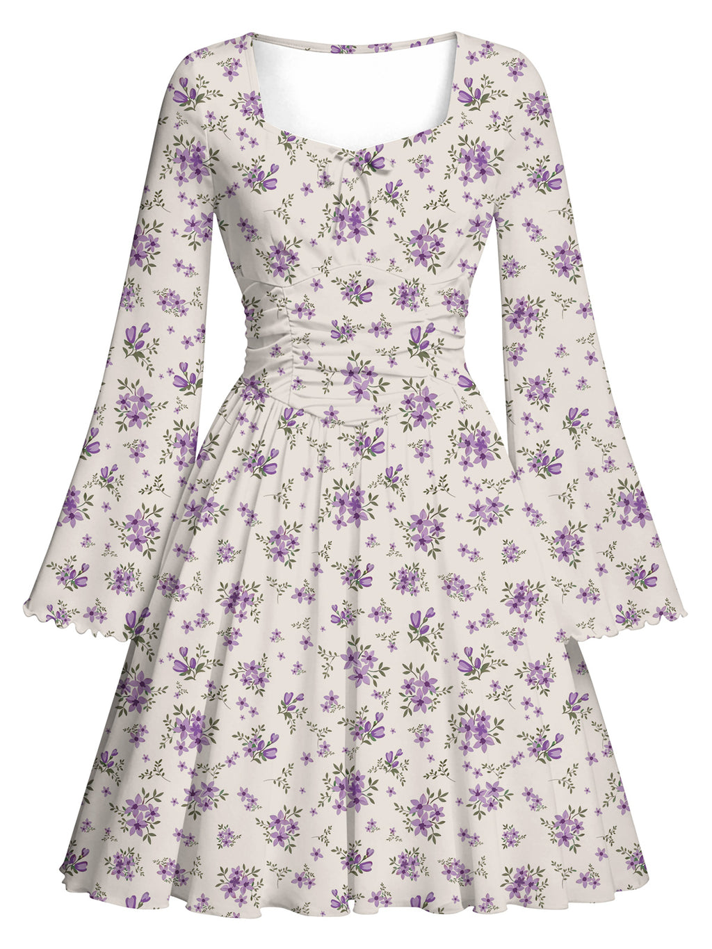 Lanbubble Girls Long Sleeve Floral Dress Square Neck Bell Sleeve 7-14Y