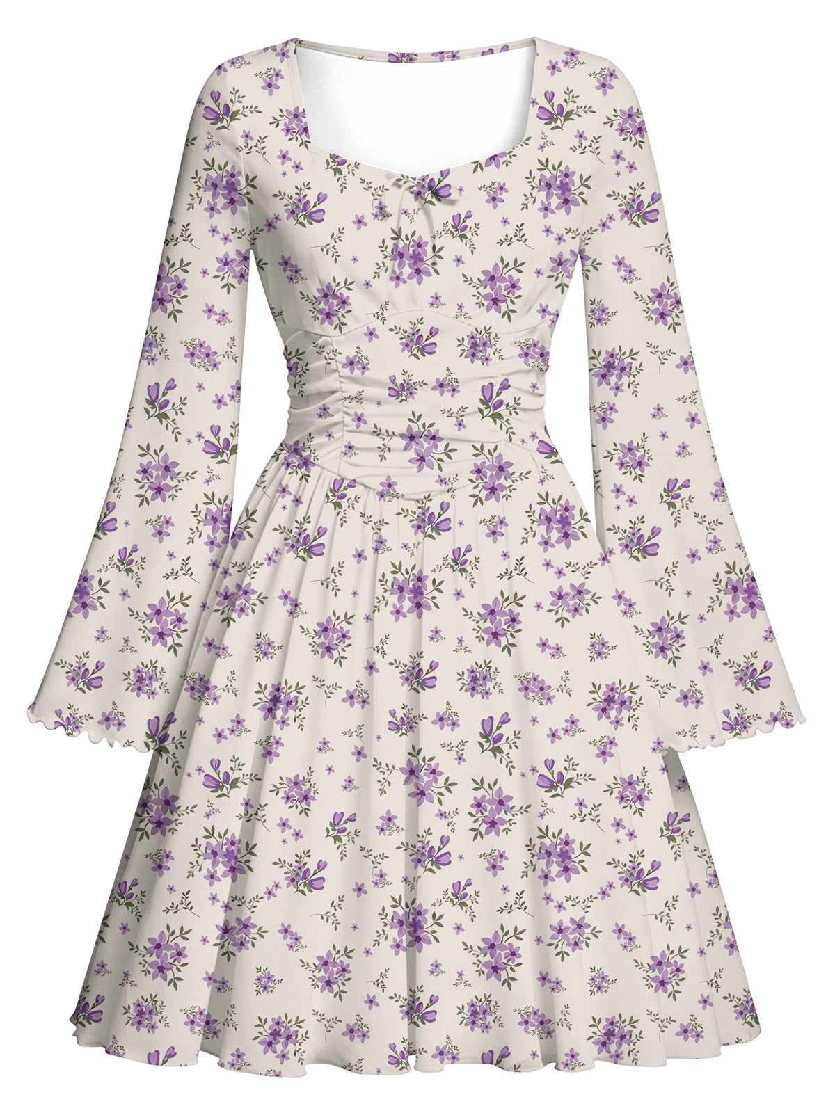 Lanbubble Girls Long Sleeve Floral Dress Square Neck Bell Sleeve 7-14Y
