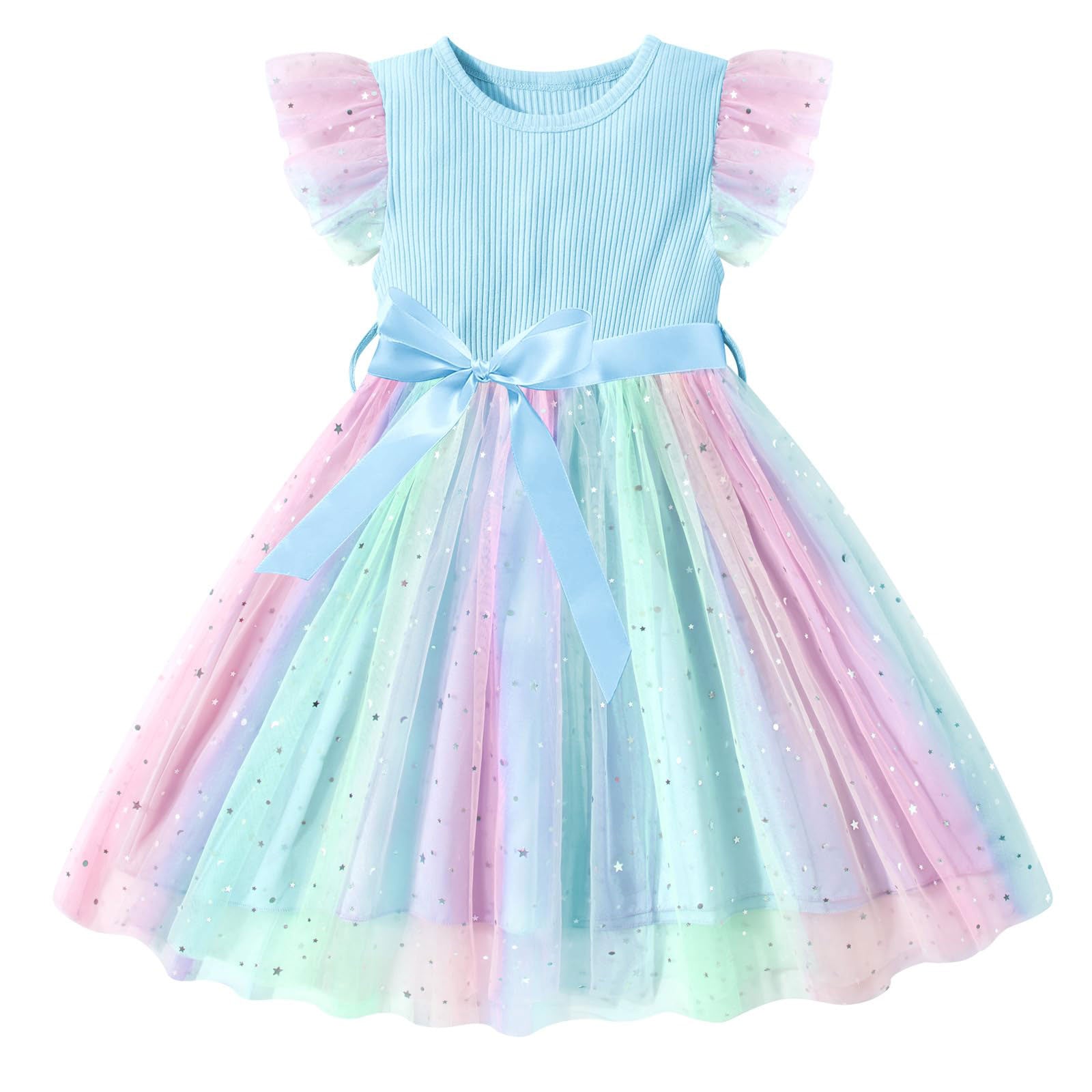Lanbubble Toddler Baby Girls Rainbow Tutu Dresses Tulle Dress Party Princess Sequins Sundress Ruffle Sleeveless 2-6Years