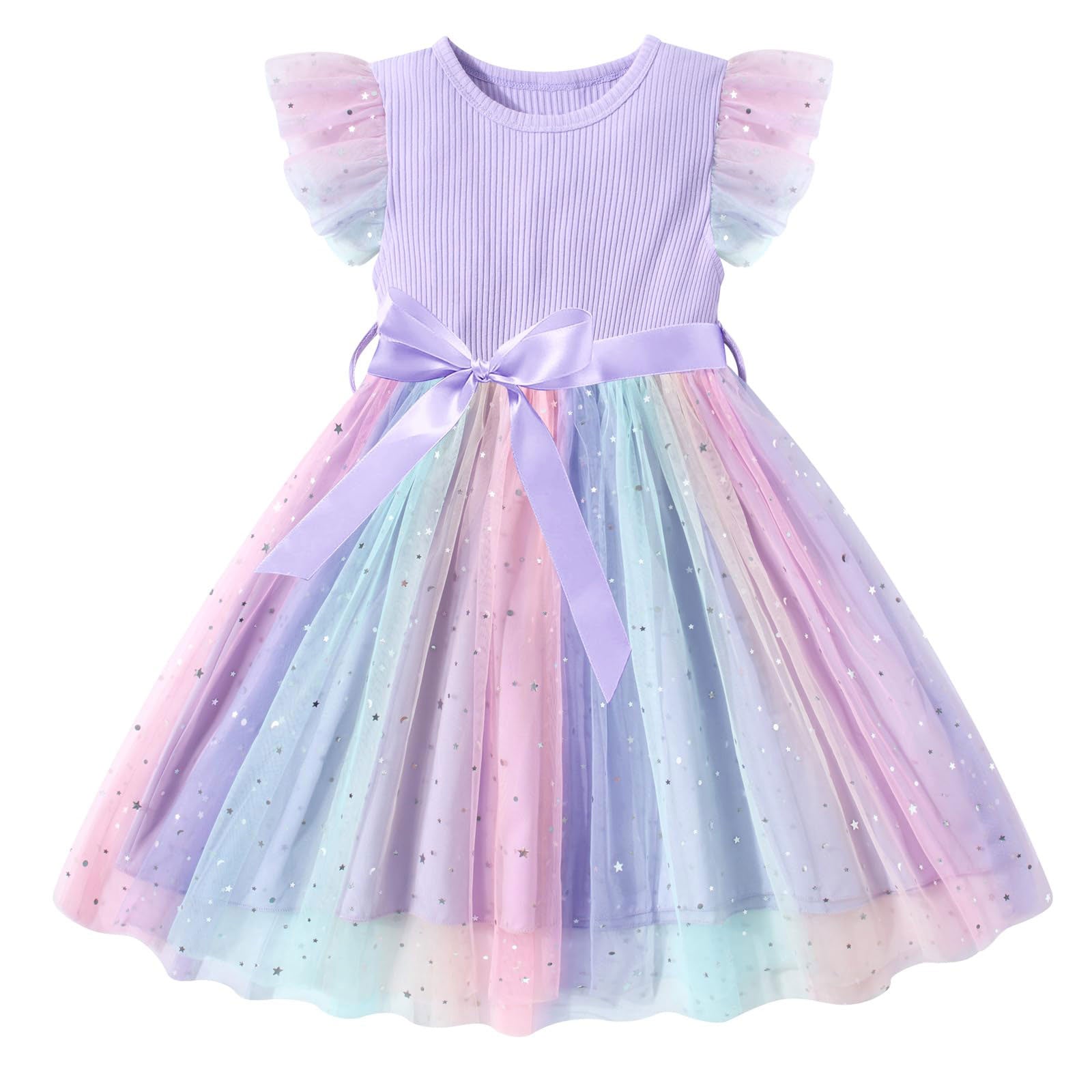 Lanbubble Toddler Baby Girls Rainbow Tutu Dresses Tulle Dress Party Princess Sequins Sundress Ruffle Sleeveless 2-6Years