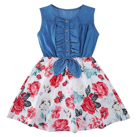 Lanbubble Girls Dresses Sleeveless Denim Dress Ruffle Bowknot Front A-Line Casual Sundress Rainbow Unicorn Dress for Kids 2-8T