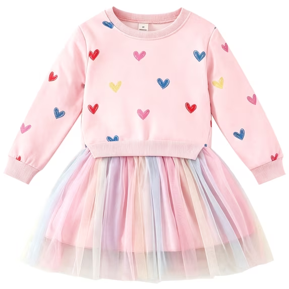 Lanbubble Girls Dresses Long Sleeve Sweat Party Dress With Sequin Tulle Skirt 3-7 Years