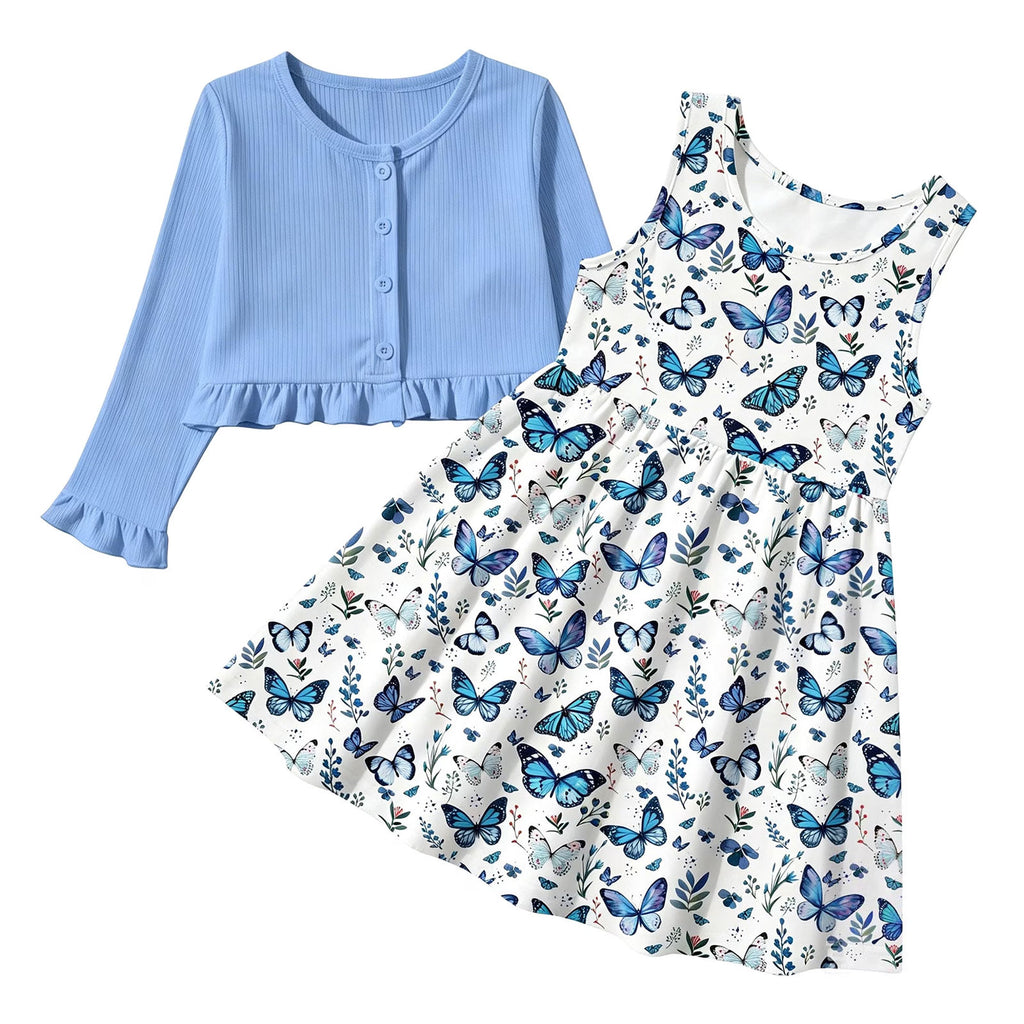Lanbubble Toddler Girl Sleeveless Dresses and Long Sleeve Ruffle Cardigan 2 Piece Fall Outfits Set for 3-7T