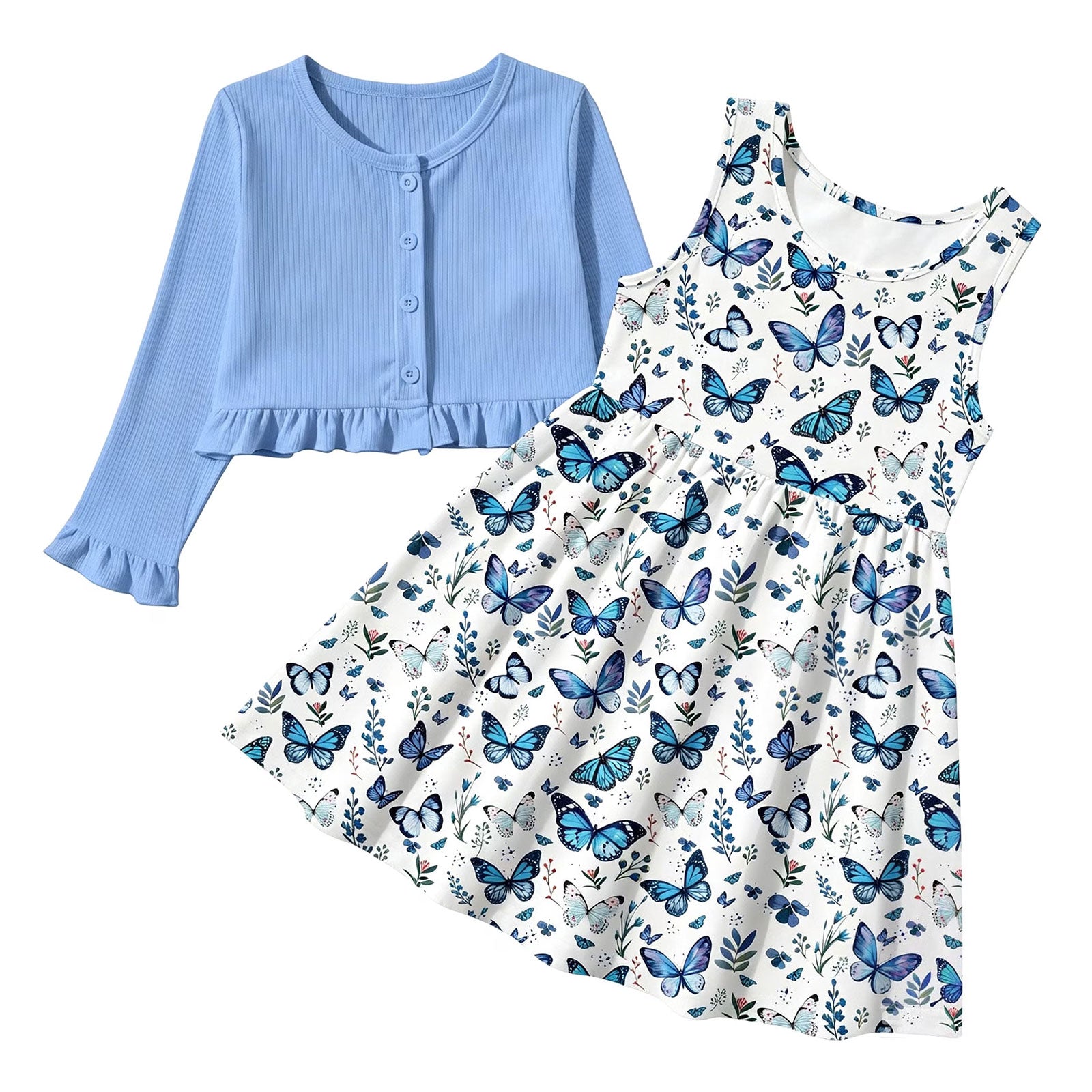 Lanbubble Toddler Girl Sleeveless Dresses and Long Sleeve Ruffle Cardigan 2 Piece Fall Outfits Set for 3-7T