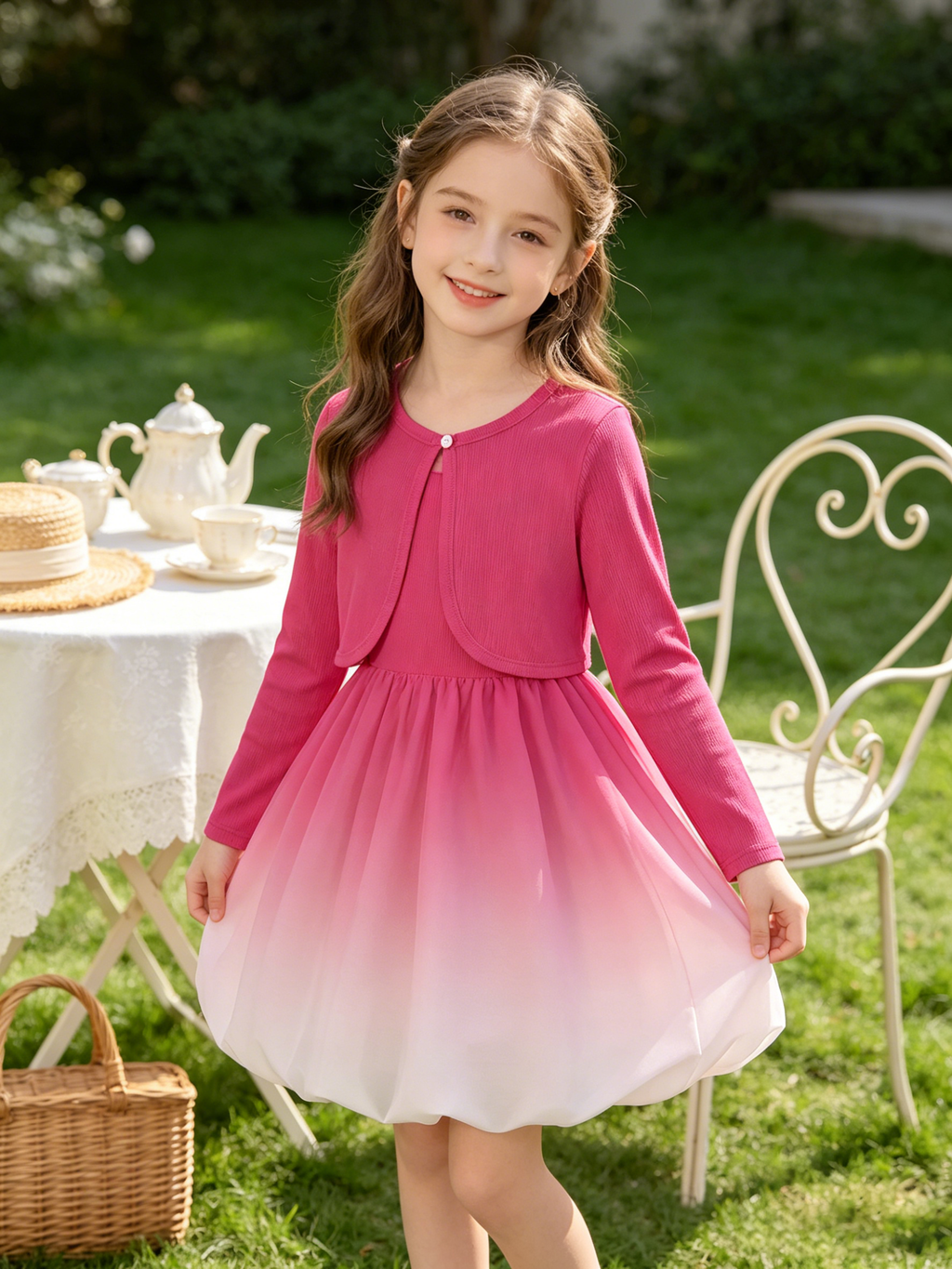 Lanbubble Girls 2 Piece Dress Set Sleeveless Bubble Dress with Cardigan & Side Pockets for Party Daily Wear Size 5-12Y