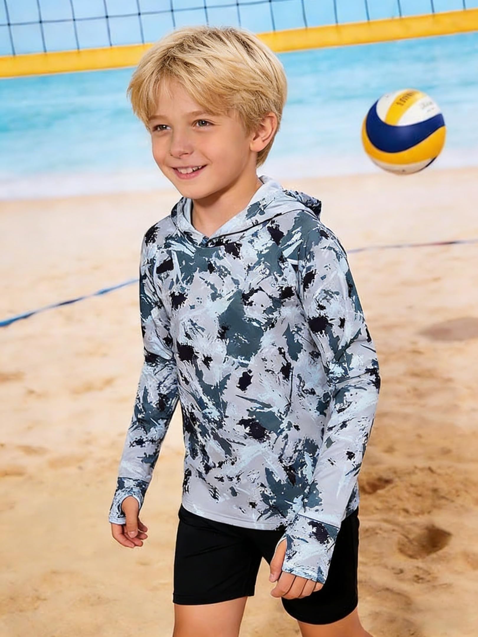 Lanbubble Boys Rash Guard Shirts Long Sleeve Quick Dry Beach Swim Hooded with Thumb Hole 7-14Years
