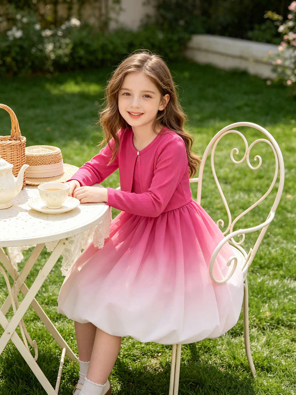 Lanbubble Girls 2 Piece Dress Set Sleeveless Bubble Dress with Cardigan & Side Pockets for Party Daily Wear Size 5-12Y