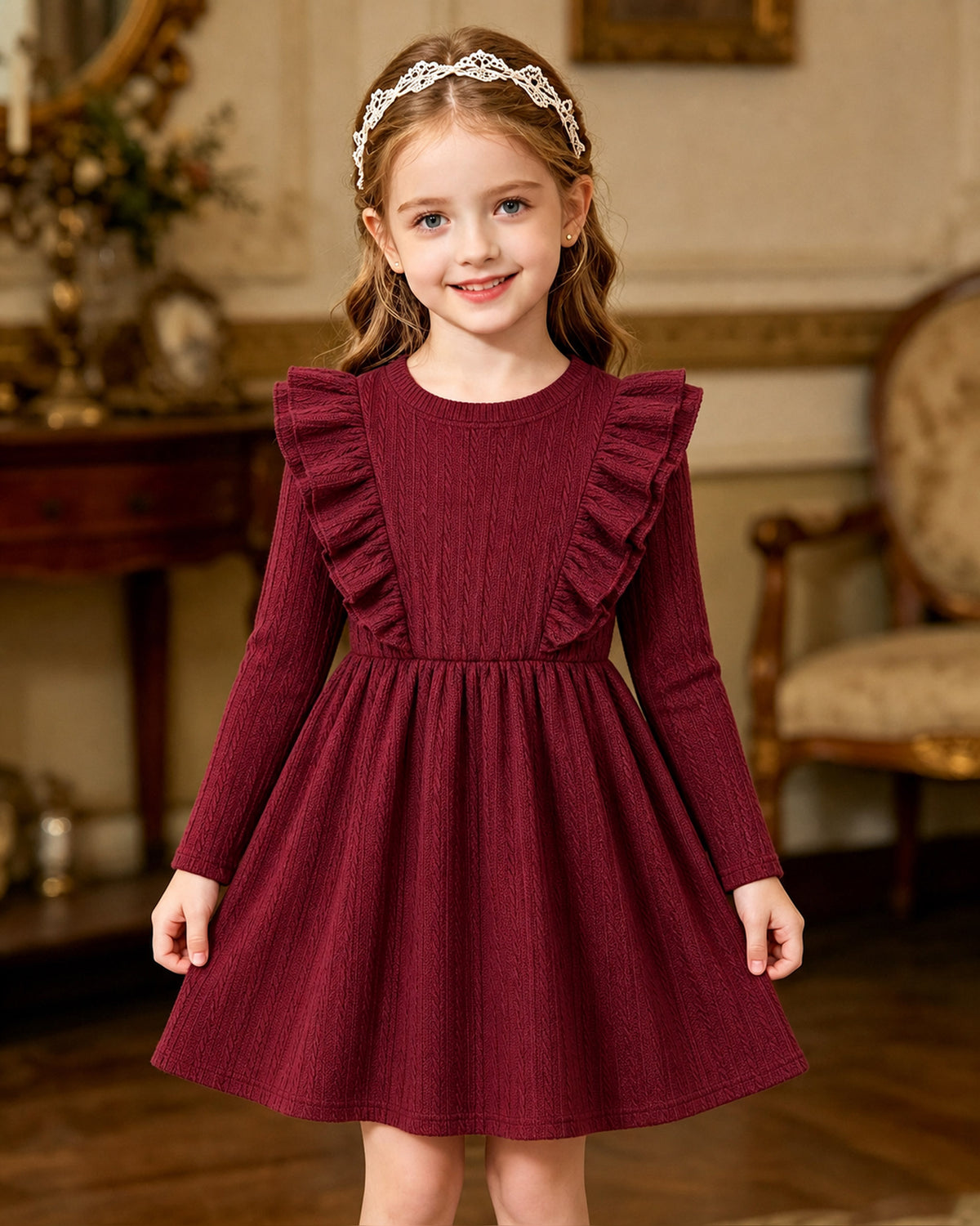 Lanbubble Toddler Girls Long Sleeve Ruffle Dress Cable Knit A-Line Sweater Dress Soft Fall Winter Dresses 3T-6T