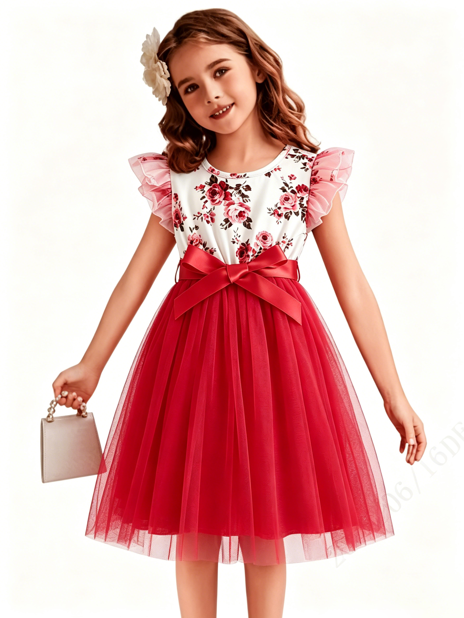 Lanbubble Toddler Girls Floral Tutu Dress Fluffy Ruffle Sleeve Dresses Casual Party Tulle Princess Sundress for Kids 3-7 Years