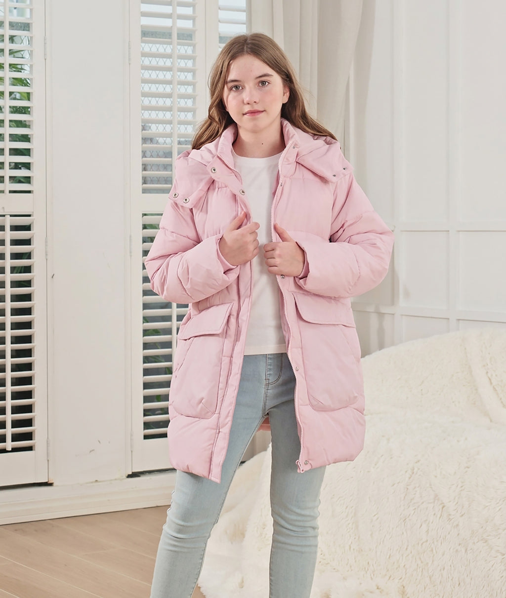 Lanbubble Girls Winter Coat Hooded Puffer Jacket Mid-Lenght Outerwear with Large Pockets 7-14Y
