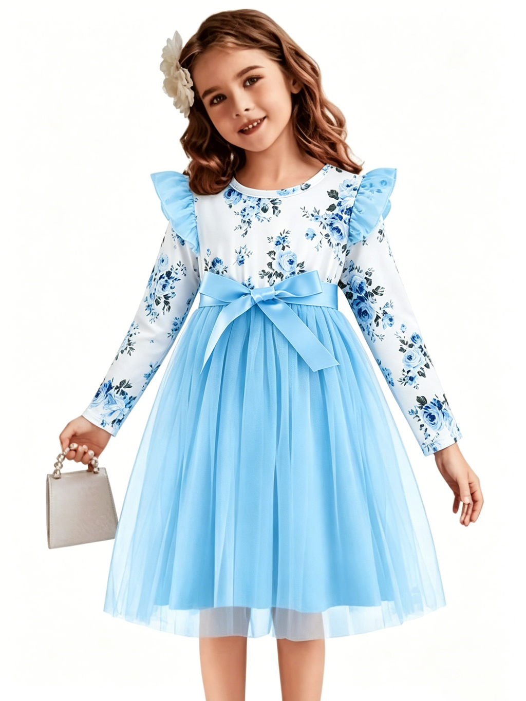Lanbubble Toddler Girls Floral Tutu Dress Fluffy Ruffle Sleeve Dresses Casual Party Tulle Princess Sundress for Kids 3-7 Years
