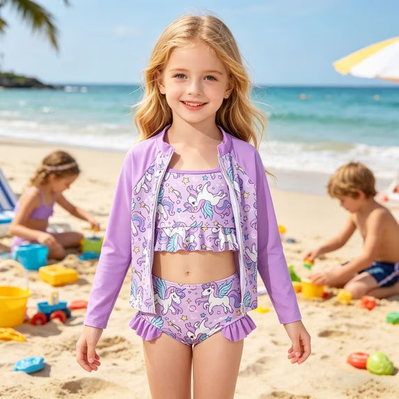 Lanbubble Girls 3 Piece Swimsuit Set Long Sleeve Rash Guard Tankini Bathing Suits Beach Swimwear