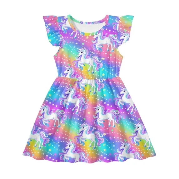 Lanbubble Toddler Girls Dress Summer Casual Sundress Ruffle Flutter Sleeveless Dinosaur Dresses 5-6 Years