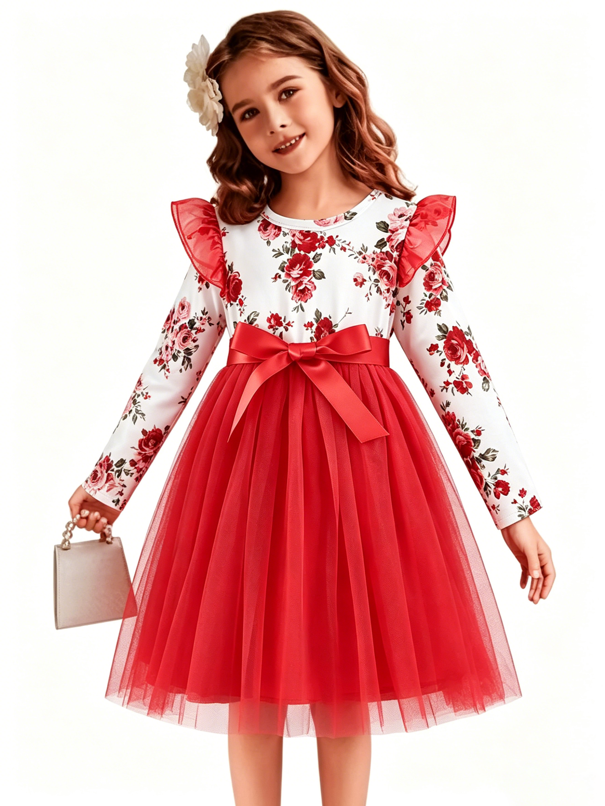 Lanbubble Girls Floral Tutu Dress Long Sleeve Tulle Princess Party Dress 3-7 Years