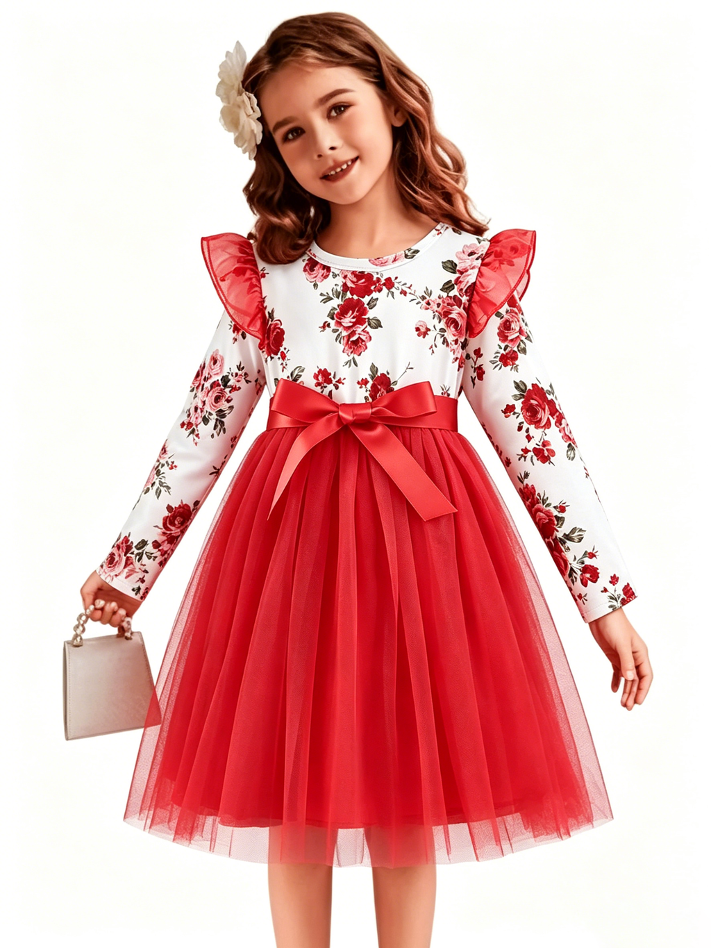 Lanbubble Toddler Girls Floral Tutu Dress Fluffy Ruffle Sleeve Dresses Casual Party Tulle Princess Sundress for Kids 3-7 Years
