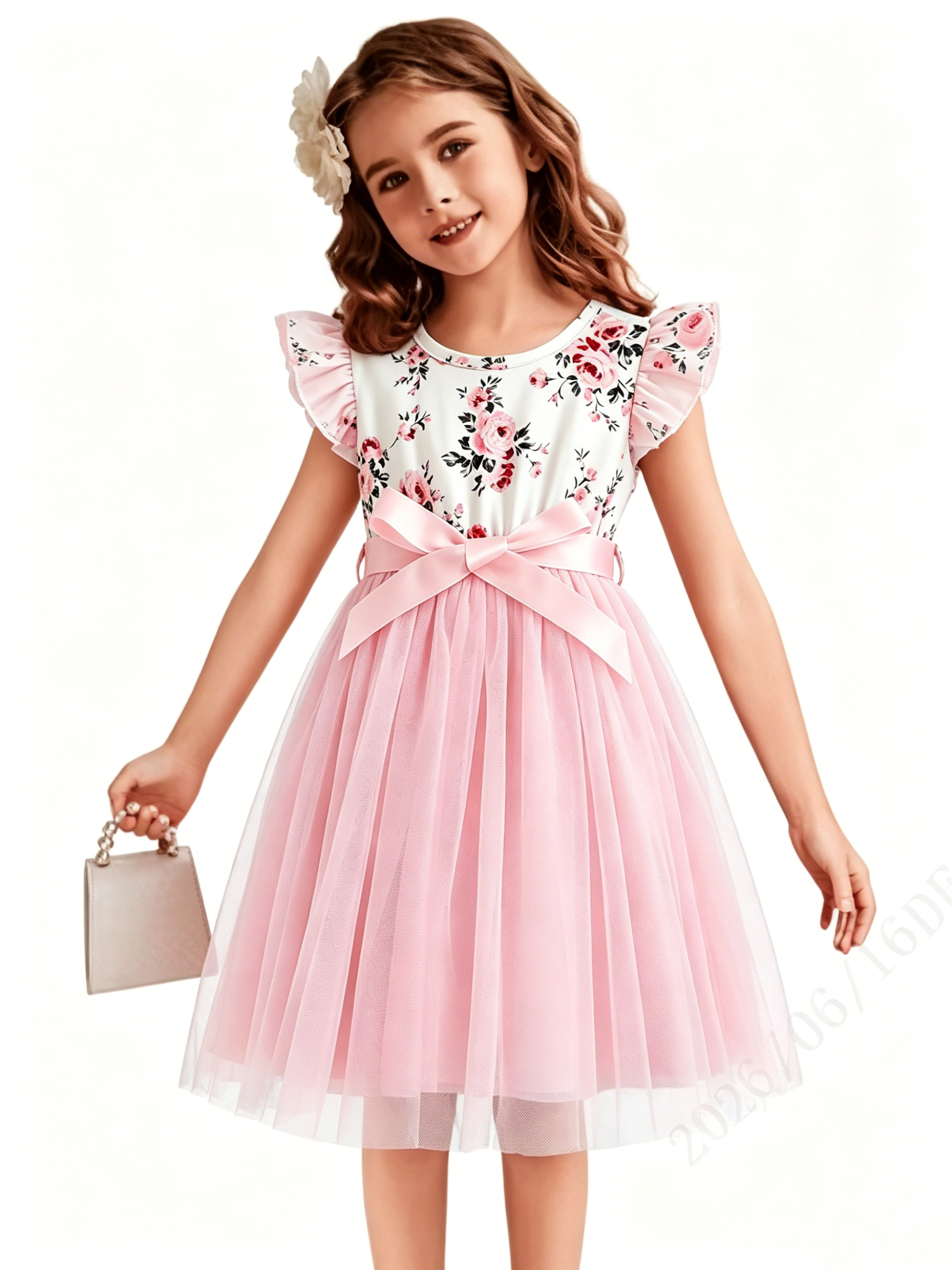 Lanbubble Toddler Girls Floral Tutu Dress Fluffy Ruffle Sleeve Dresses Casual Party Tulle Princess Sundress for Kids 3-7 Years