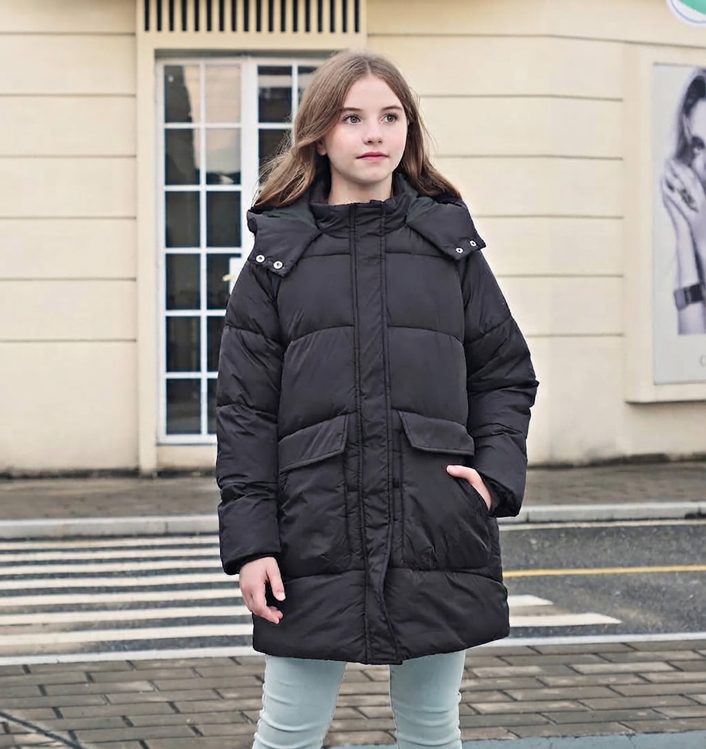 Lanbubble Girls Winter Coat Hooded Puffer Jacket Mid-Lenght Outerwear with Large Pockets 7-14Y