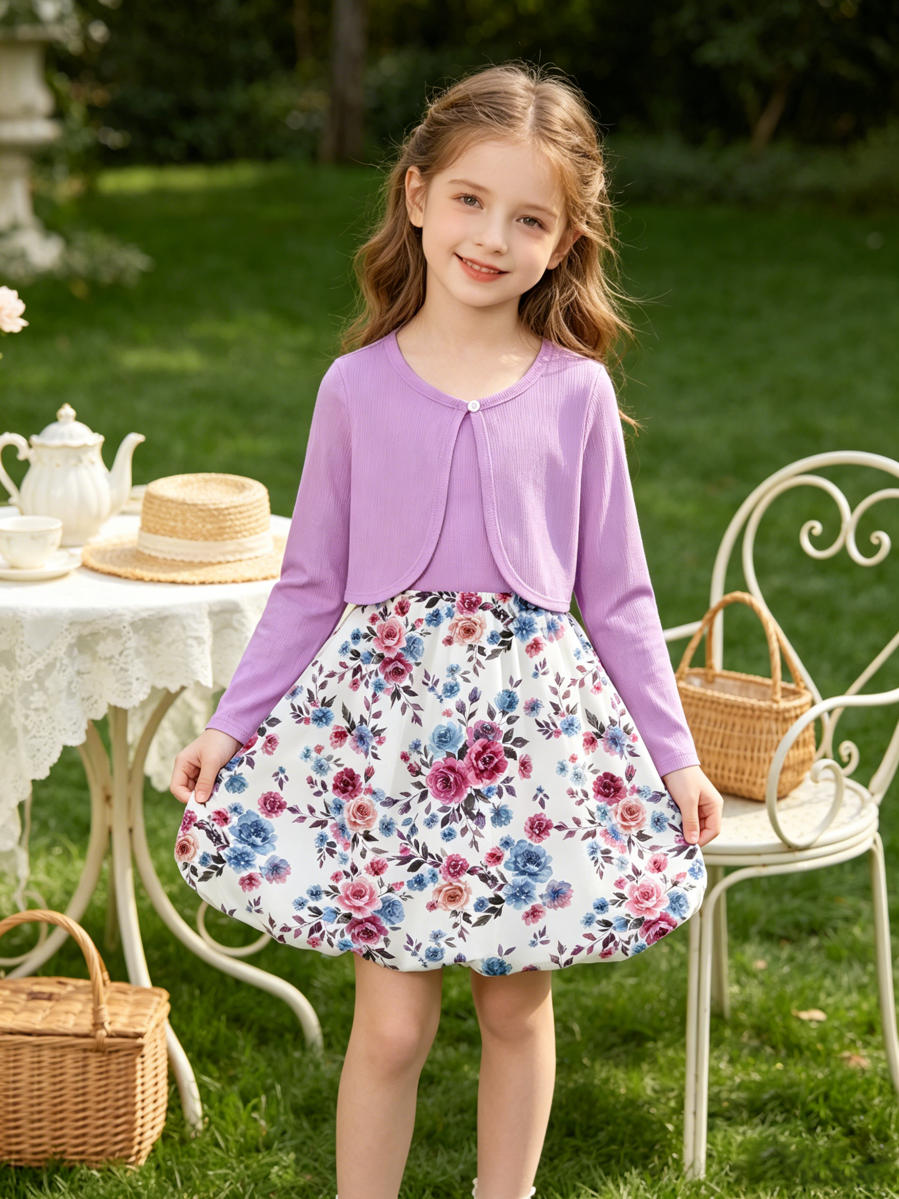 Lanbubble Girls 2 Piece Dress Set Sleeveless Bubble Dress with Cardigan & Side Pockets for Party Daily Wear Size 5-12Y