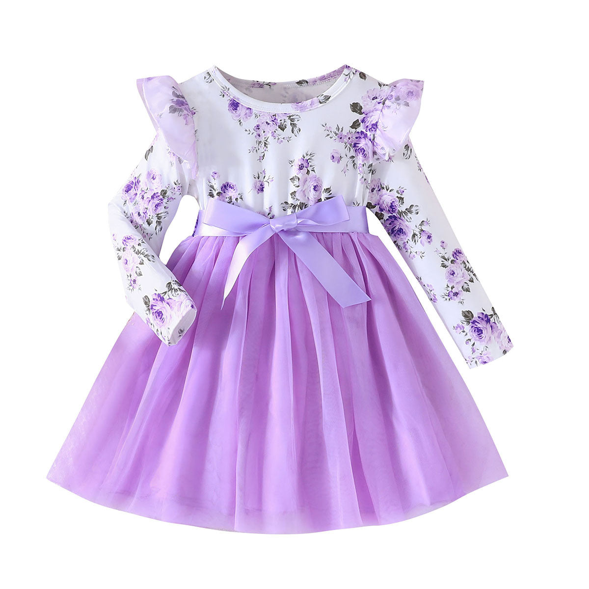 Lanbubble Girls Floral Tutu Dress Long Sleeve Tulle Princess Party Dress 3-7 Years