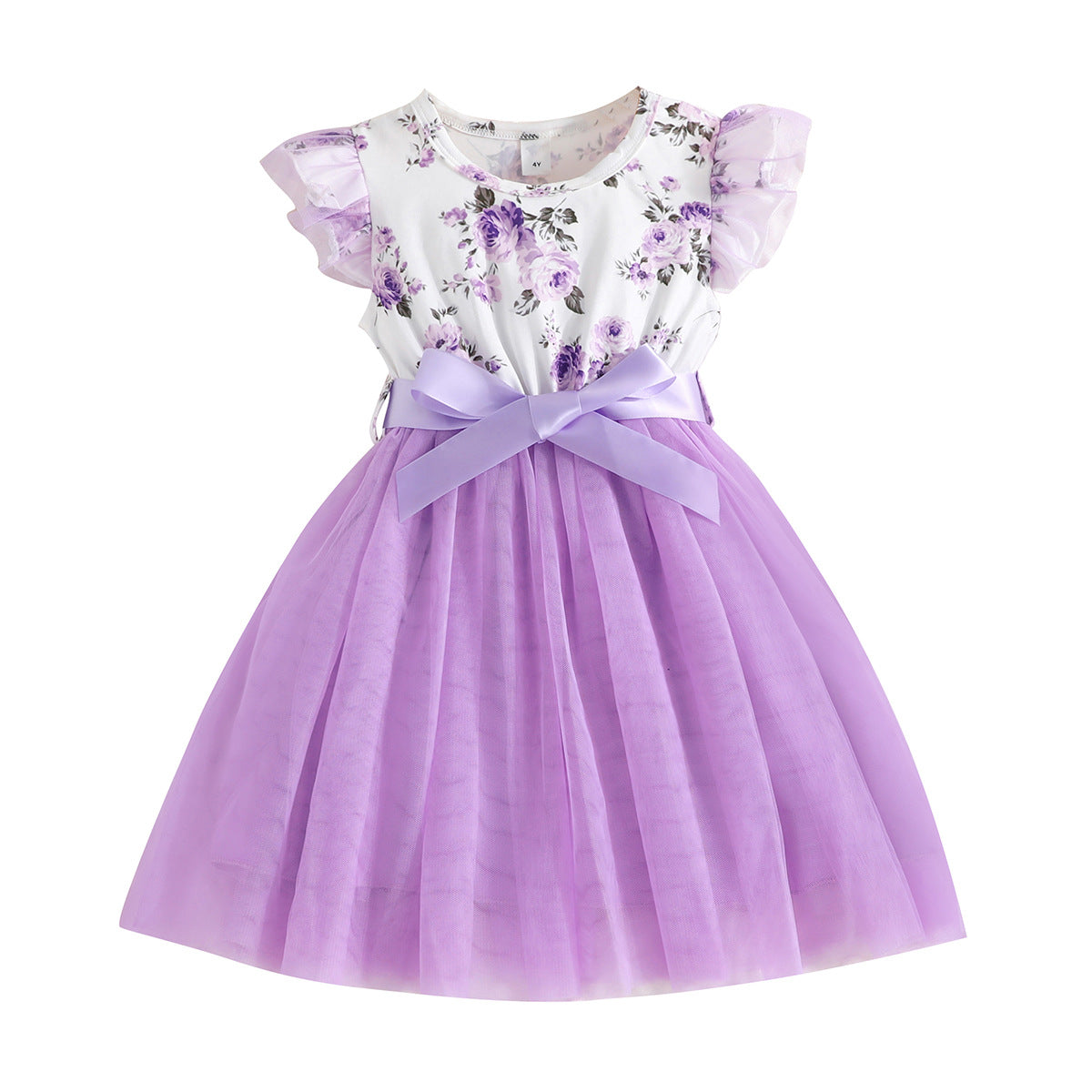 Lanbubble Toddler Girls Floral Tutu Dress Fluffy Ruffle Sleeve Dresses Casual Party Tulle Princess Sundress for Kids 3-7 Years