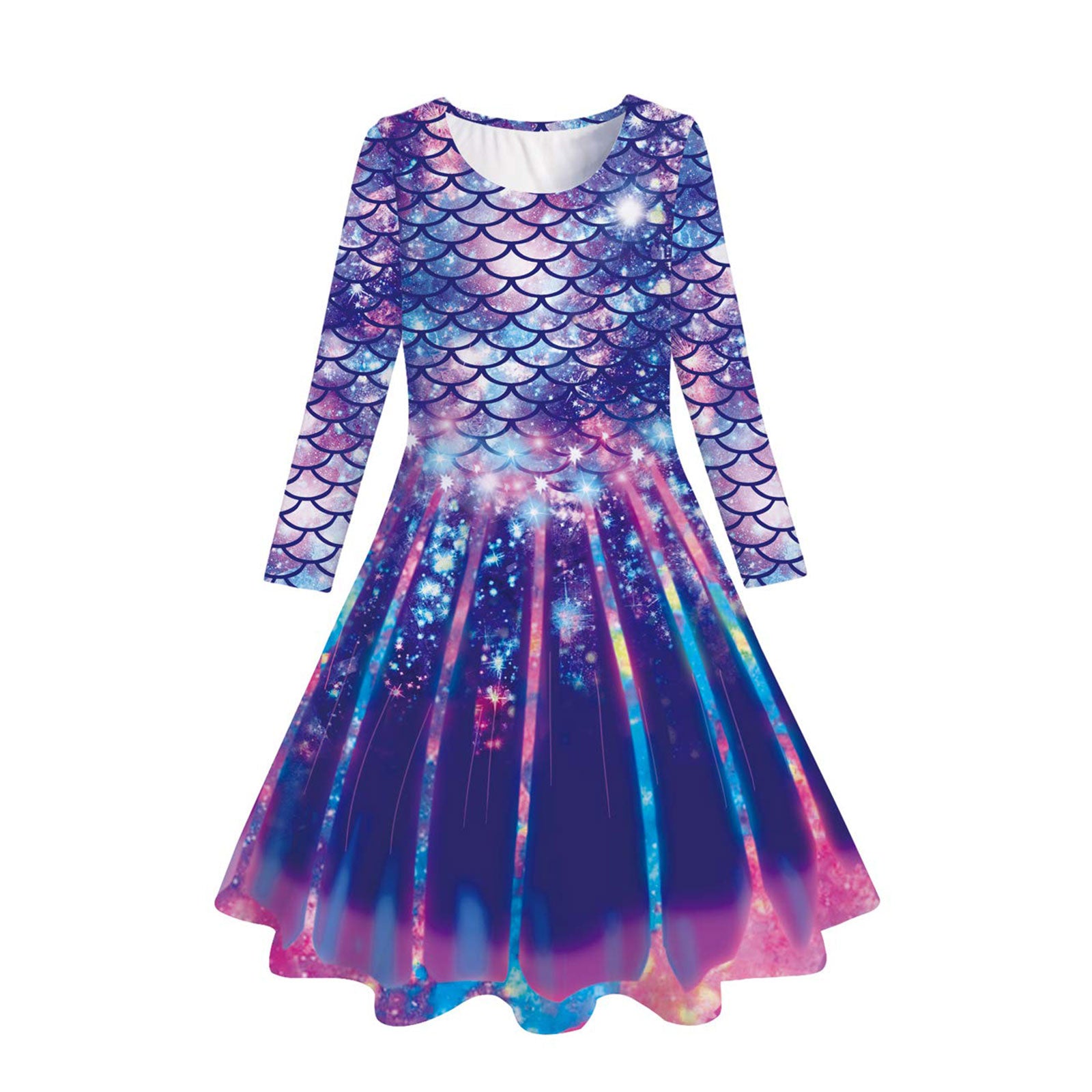 Lanbubble Girls Long Sleeve Dress Mermaid Printed Casual Dress Twirly Skater Dresses 5-13 Years