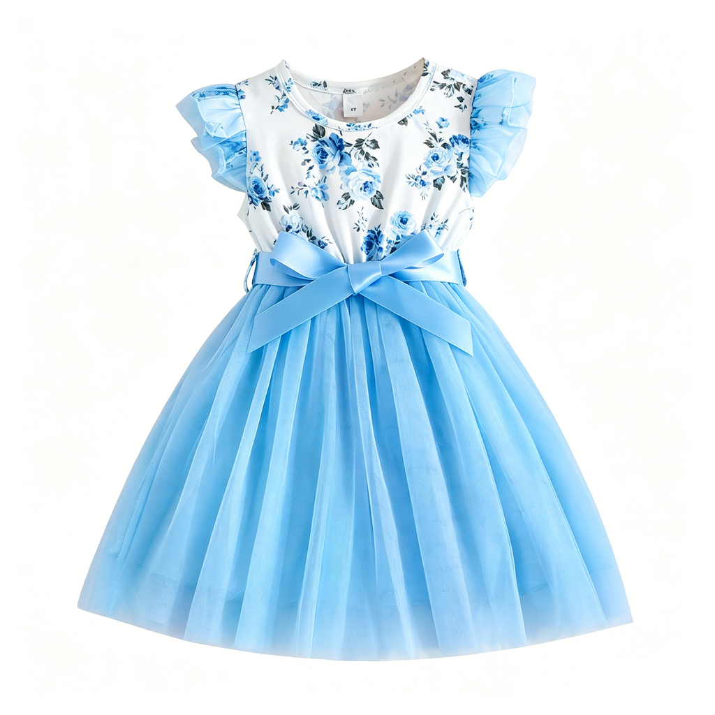 Lanbubble Toddler Girls Floral Tutu Dress Fluffy Ruffle Sleeve Dresses Casual Party Tulle Princess Sundress for Kids 3-7 Years
