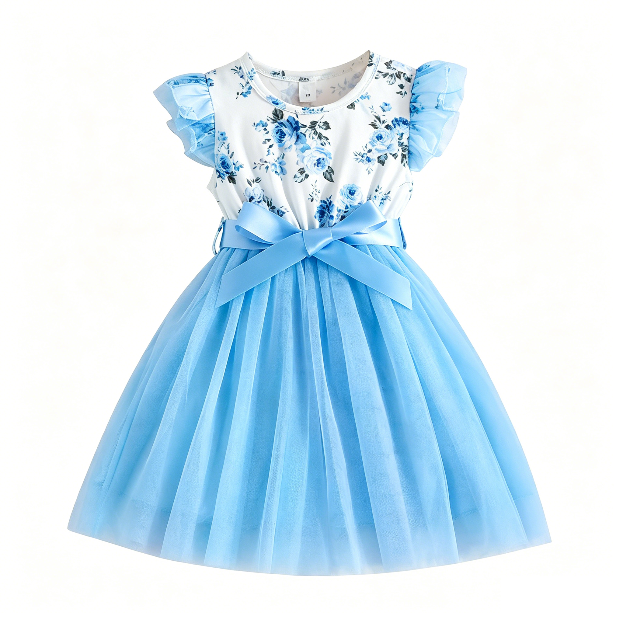 Lanbubble Toddler Girls Floral Tutu Dress Fluffy Ruffle Sleeve Dresses Casual Party Tulle Princess Sundress for Kids 3-7 Years
