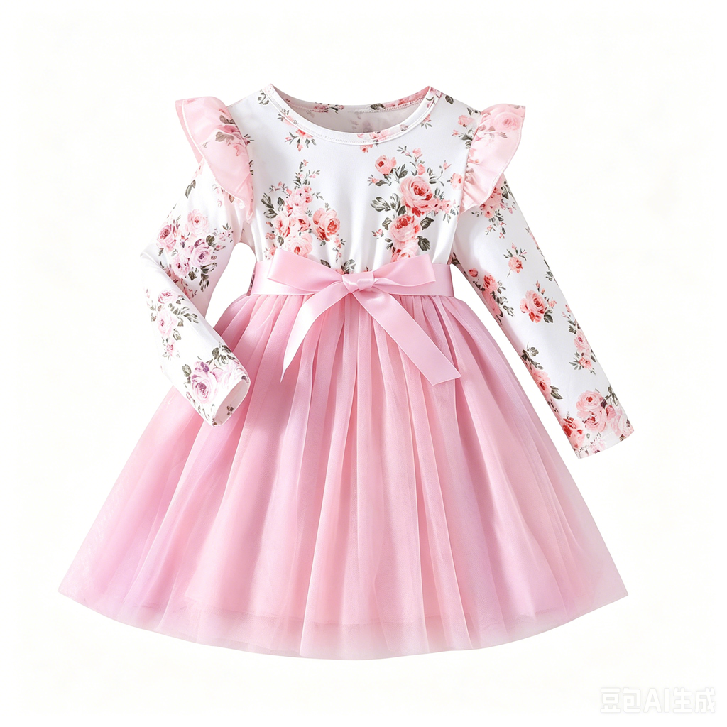 Lanbubble Girls Floral Tutu Dress Long Sleeve Tulle Princess Party Dress 3-7 Years