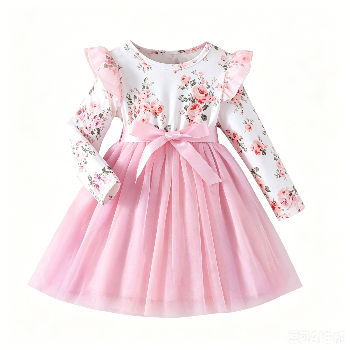 Lanbubble Girls Floral Tutu Dress Long Sleeve Tulle Princess Party Dress 3-7 Years