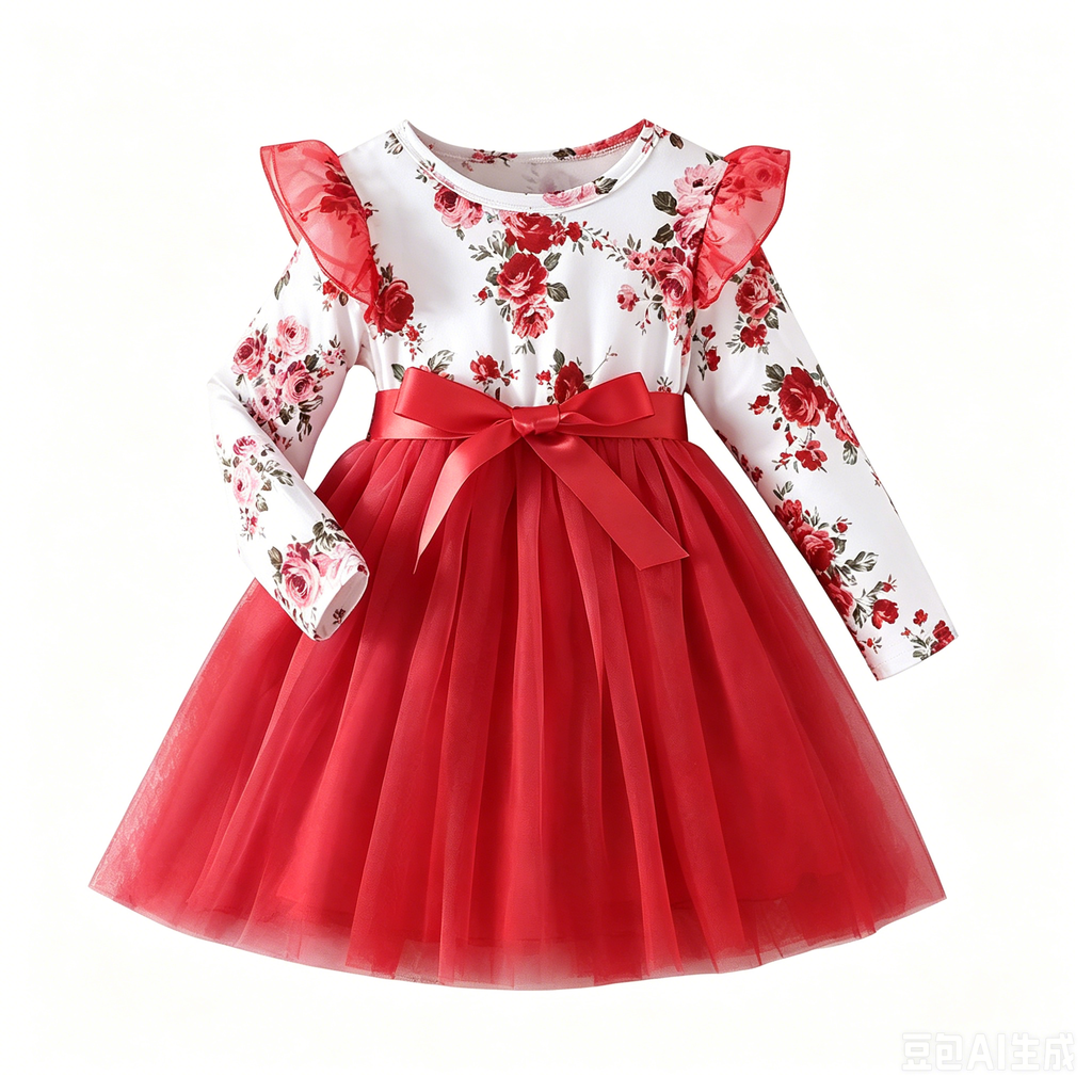 Lanbubble Girls Floral Tutu Dress Long Sleeve Tulle Princess Party Dress 3-7 Years